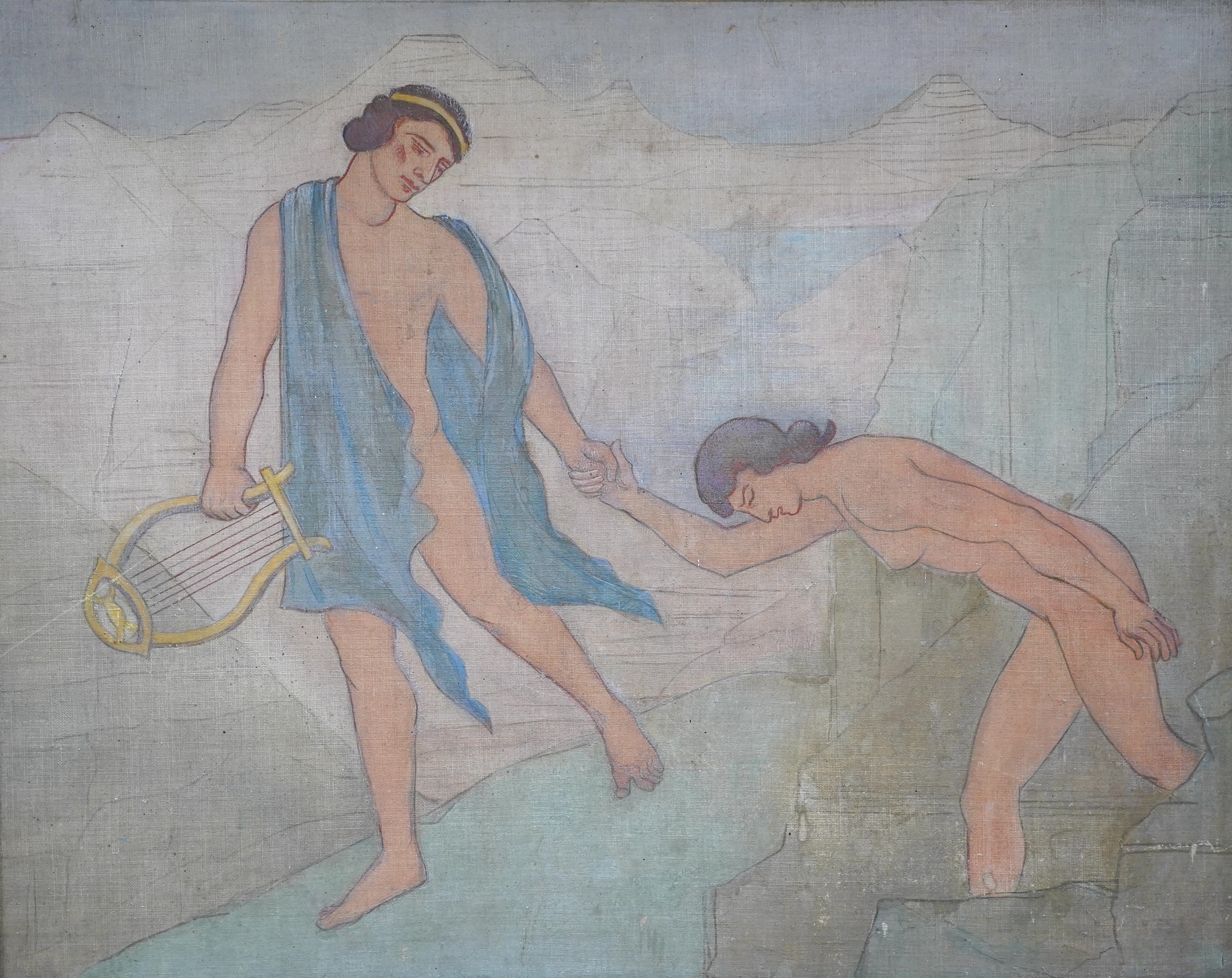 20th century School, oil on linen laid on board, Orpheus and Eurydice, 42 x 52cm